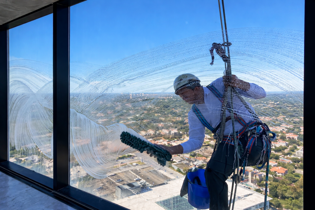 limpieza de vidrios en altura en edificio punta del este